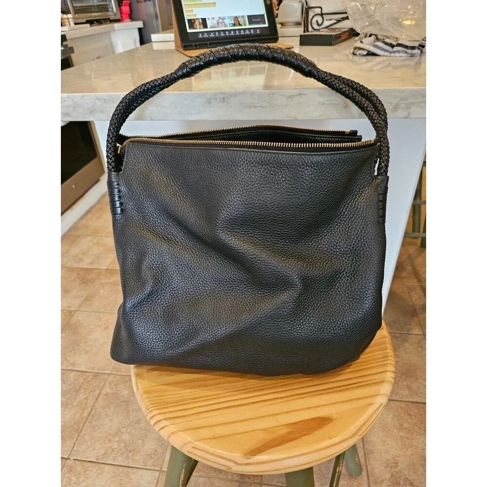 Tory Burch Leather Hobo Bag Braided‎ Handle Designer Purse Black